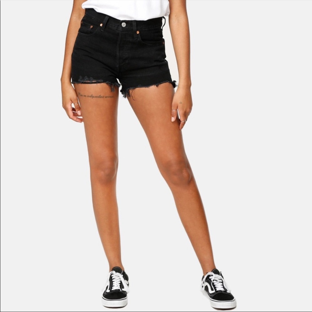 Levi 501 black denim jean cutoff shorts. Button up